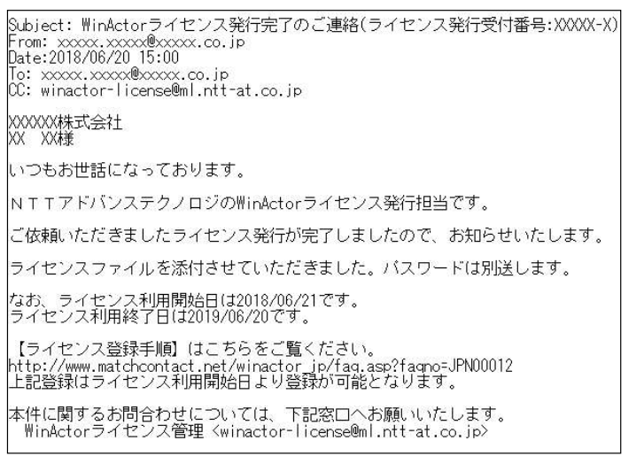 ライセンスファイル受領のメール画面の画像